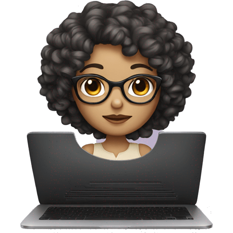 Cute beige skin girl with curly dark black color hair, glasses, and laptop emoji