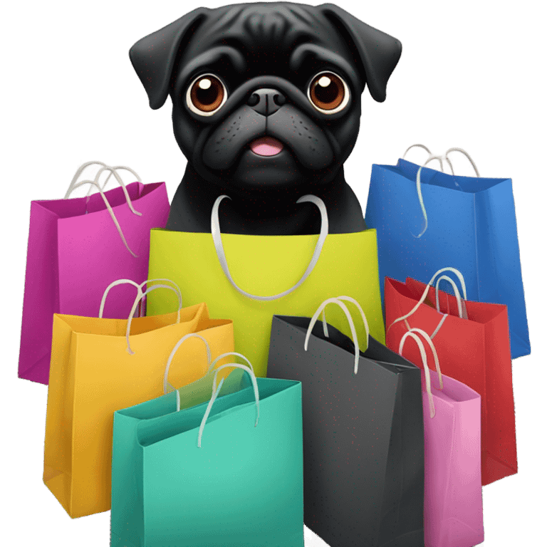 Black pug with many shopping bags emoji