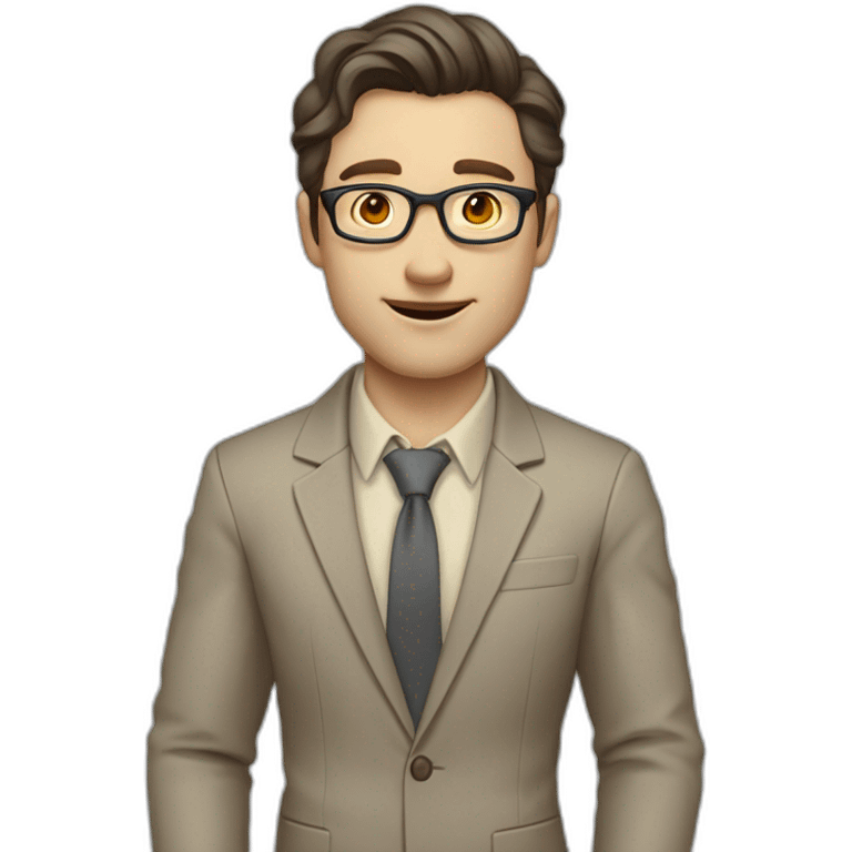 Full height Actively Gesturing Pale skinned fit man with dark brown hair in gray jacket, beige office shirt, brown tie, brown pants and vintage glasses. emoji