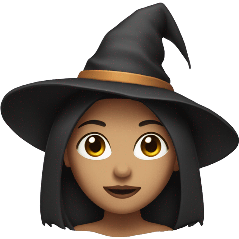 Woman with dark straight hair, hazel eyes, light skin and a witch hat emoji