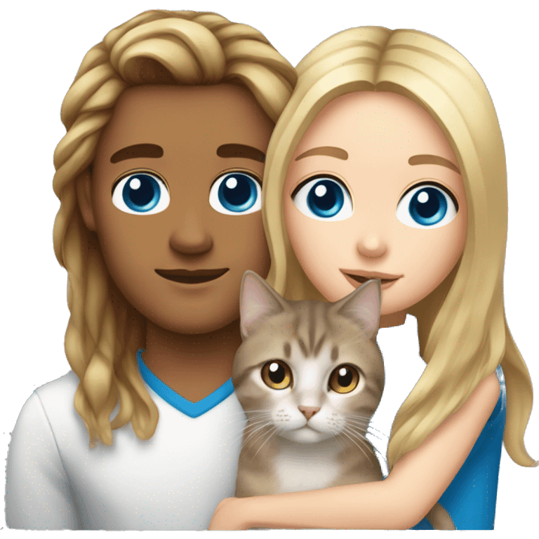 Long Brown hair girl with brown eyes, and blond white man, blue eyes holding tabby cat  emoji