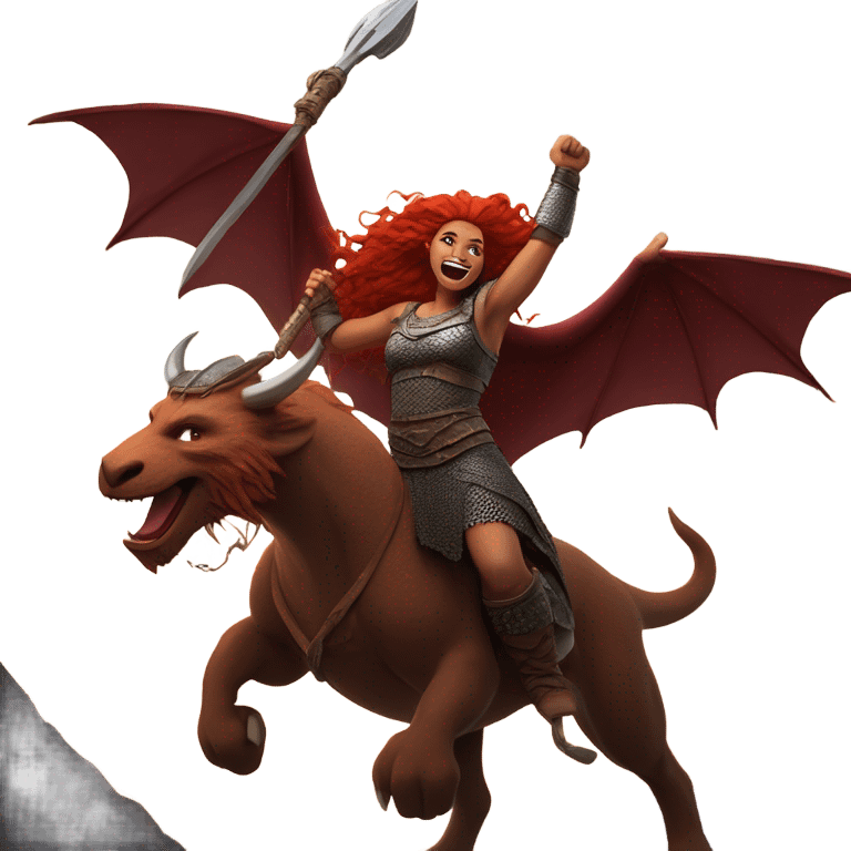 Viking red head dragon queen with a slain Viking solder with a man bun standing on a dragon flying over a volcano in a beautiful sky emoji