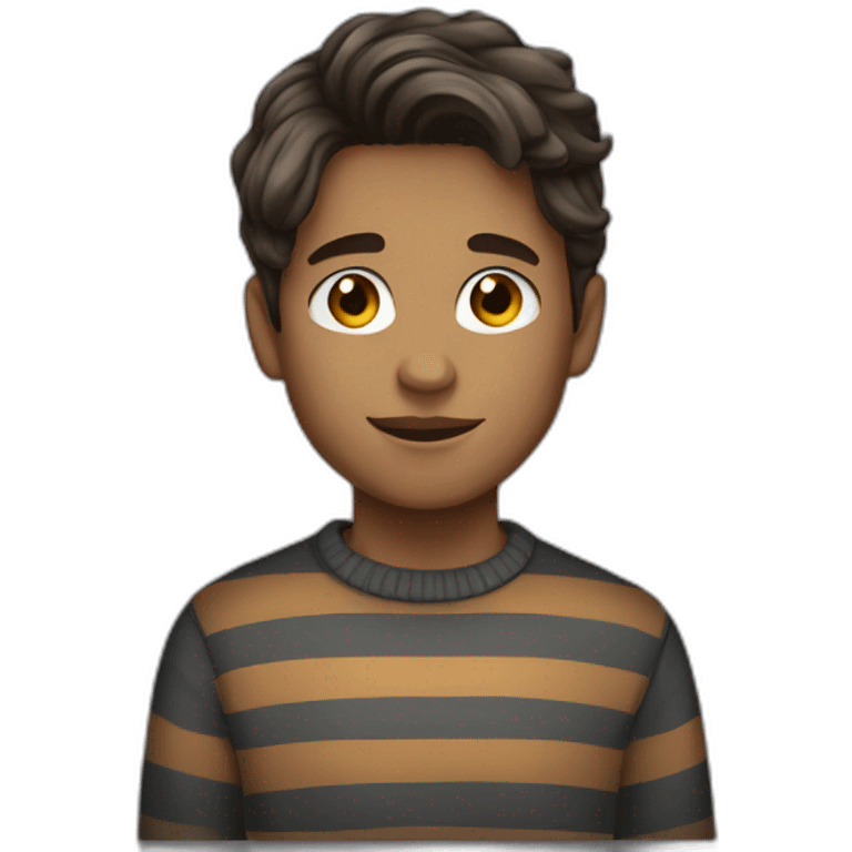 teenager boy brown long wavy hair and dark gray striped sweater emoji