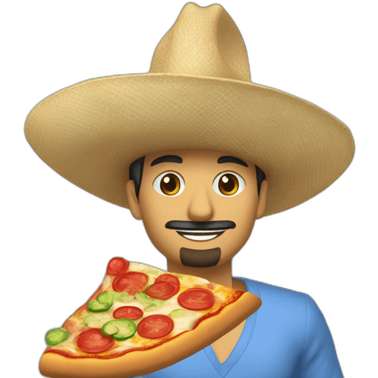 Homme mexicain avec un chapeau bleu, rouge et vert entrain de manger une pizza sur un bateau avec un perroquet sur son épaule emoji