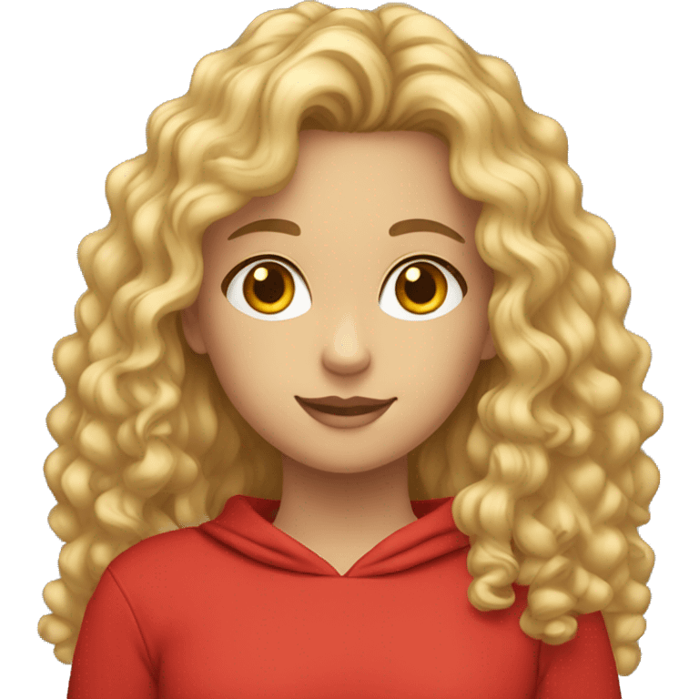 Girl with long blonde curly hair and hazel eyes and a red sweatshirt emoji