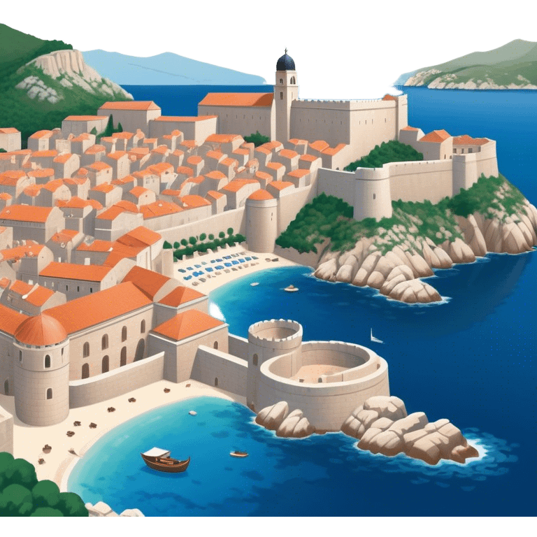 Cinematic Realistic Dubrovnik Landmark Emoji, showcasing the historic walled city with its terracotta rooftops, stone fortifications, and the deep blue Adriatic Sea stretching beyond. emoji