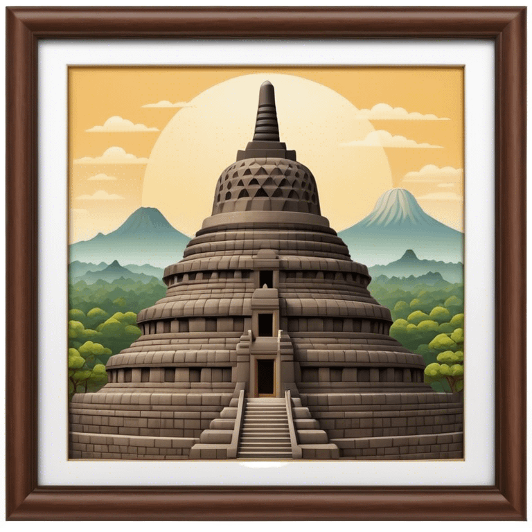 Cinematic Realistic Borobudur Landmark Emoji, showcasing the majestic ancient Buddhist temple rendered with intricate textures and serene, historic lighting. emoji