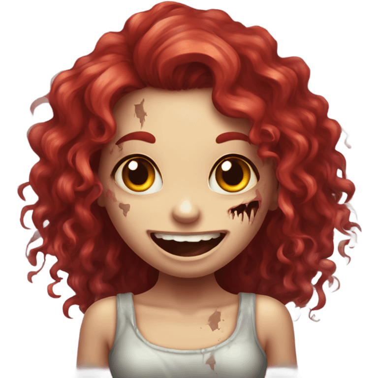 Happy zombie girl red long curly hair with both hands in the air, vestindo blusa comprida preta emoji