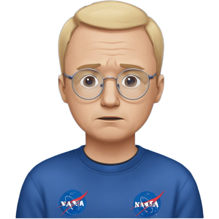 angry fat man, crying like a kid,  blond short and hight receding hairline, wearing a dark blue sweatshirt, nasa logo on the sweatshirt, round glasses without frame, 40 years old emoji