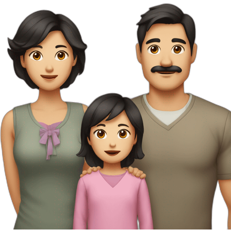 father dark hair and mustache, mother asian, son dark hair, and baby daughter emoji