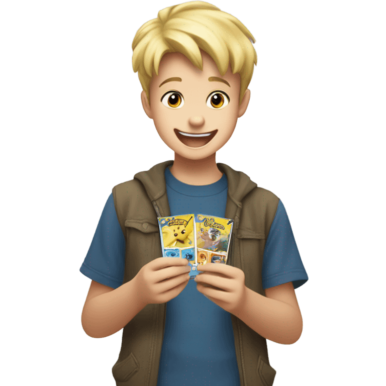 Blonde kid opening Pokemon cards emoji