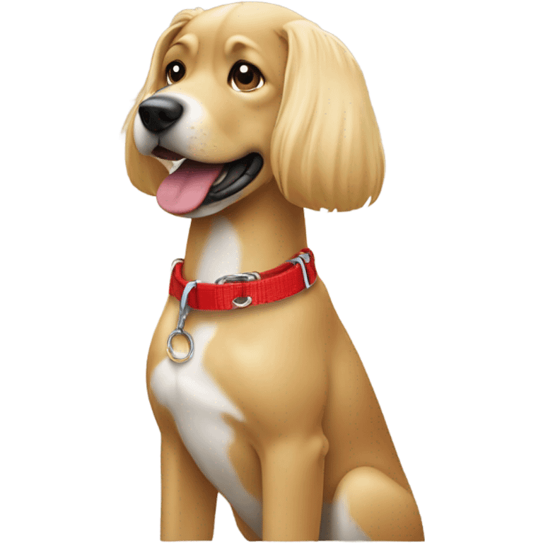 Put a Red dog collar on a blond white female with medium length hair and add a red leash connected to the collar emoji