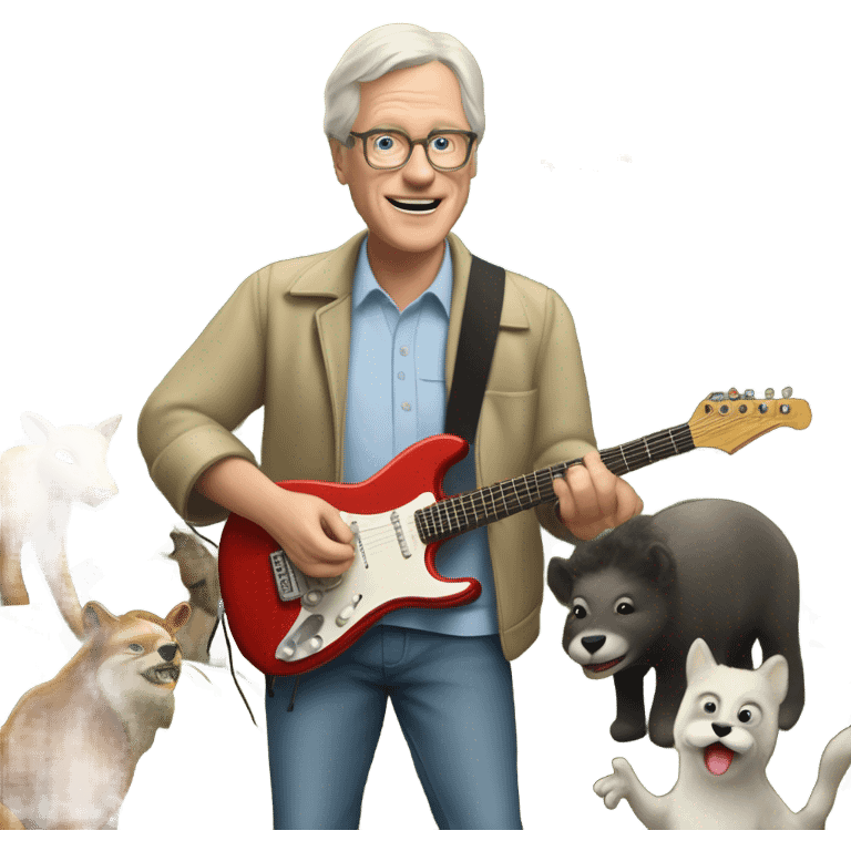 60 year old white man with a van dyke playing electric guitar in a forest with animals watching emoji