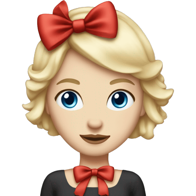 White girl, with blue eyes short straight blonde hair, elegant with a single large red bow on her head.
. Super chick and elegant emoji