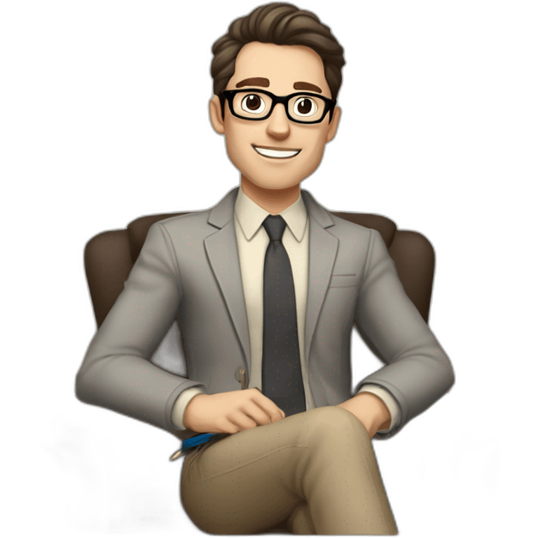 Pale skinned Fit Man With dark brown hair in gray jacket, beige office shirt, Brown pants and vintage glasses sitting In a soft chair with a notebook on spring with emblem Ψ and a pen emoji