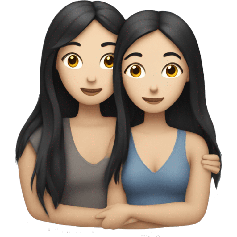 A lesbian couple who both have white skin and long black hair are hugging intimately. emoji