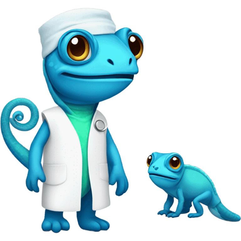 blue chameleon in a medical gown emoji