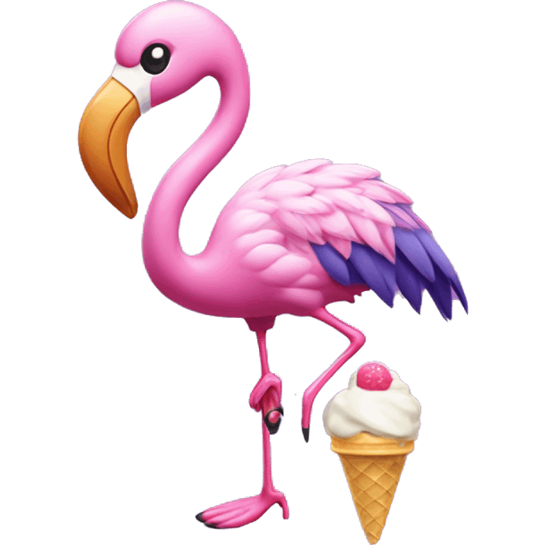 Purple flamingo wearing tap shoes and a bow eating ice cream emoji