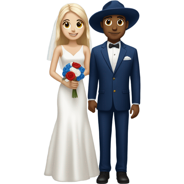 Puerto rican beard short hair with blue hat and navy blue suit getting Married with blond long hair girl with white  wedding dress  emoji