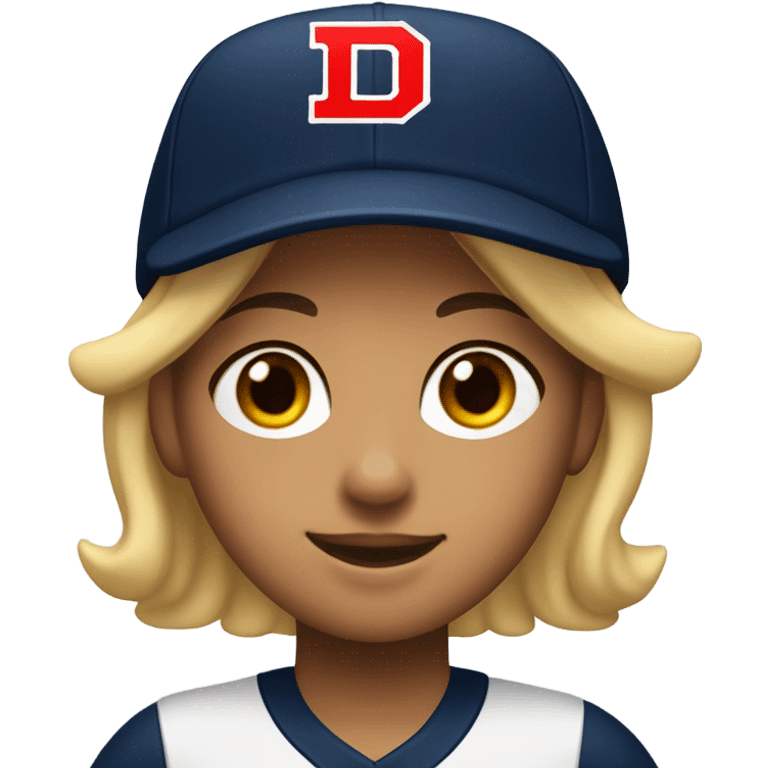 girl with wearing navy ballcap emblazoned with a red D initial and wearing baseball uniform emoji