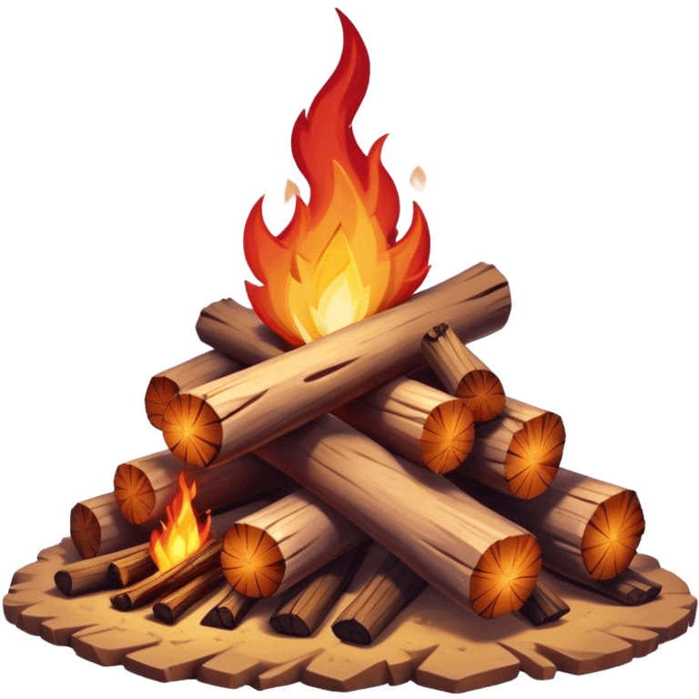 Cinematic Realistic Campfire, a roaring flame crackling atop carefully arranged logs, embers glowing deep red, golden light casting soft flickering shadows, gentle smoke drifting upwards, glowing with warmth and coziness. emoji