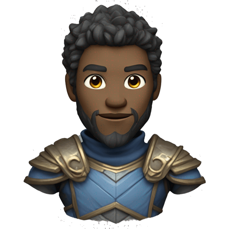 Black Myth: Wukong" game character: humanoid with full facial hair. Bronze skin. Clean face. Small head, deep eyes. Wears blue-gray garment and one-shoulder armor. Exposed chest has facial hair. CG modeling.
 emoji