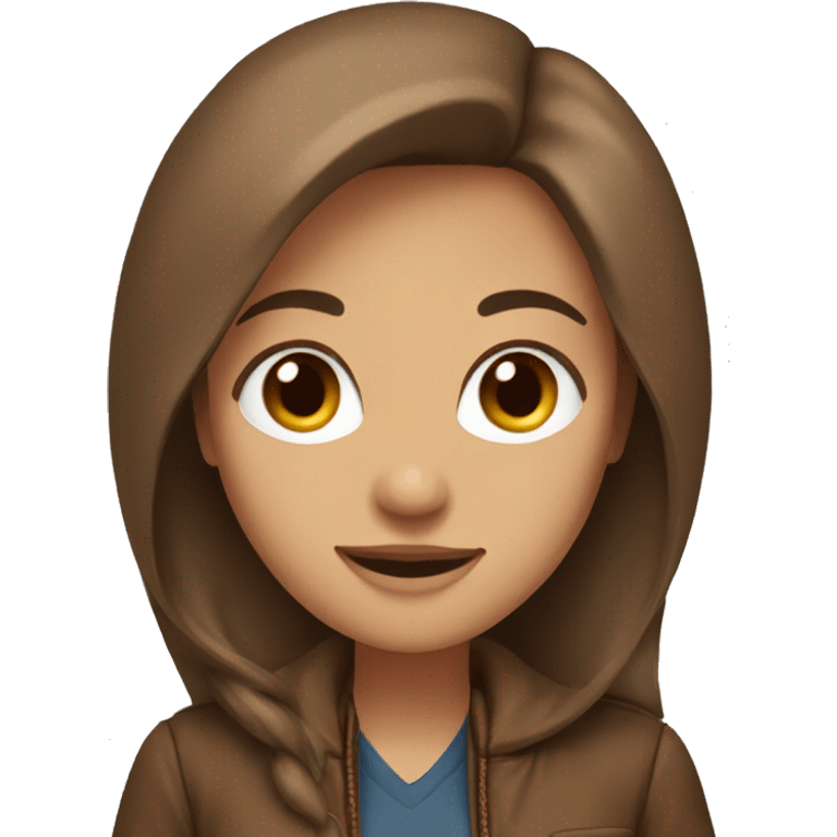 woman, brown and long hair, smiling, big eyes, brown jacket, brown eyes emoji