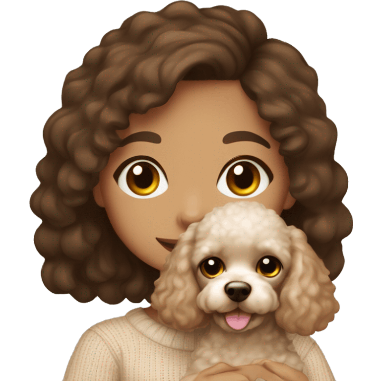 Pretty brown eyed tan girl with brown hair in a beige sweater holding a white sweet toy poodle emoji