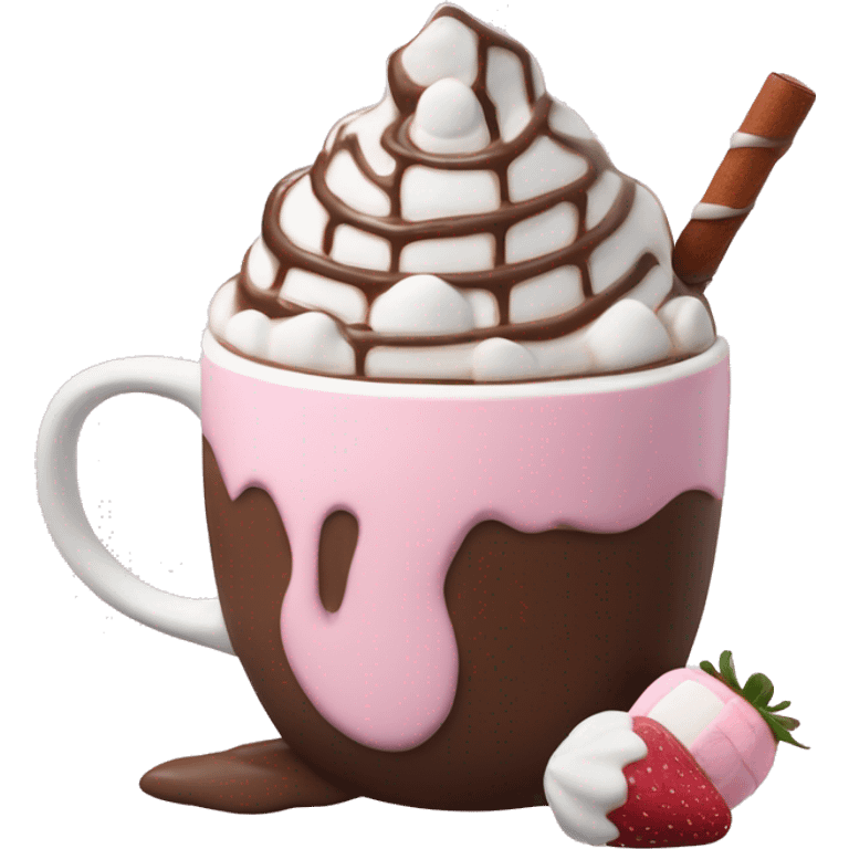 hot chocolate with mug and whip cream and chocolate drizzle and pale pink strawberry and marshmellows emoji