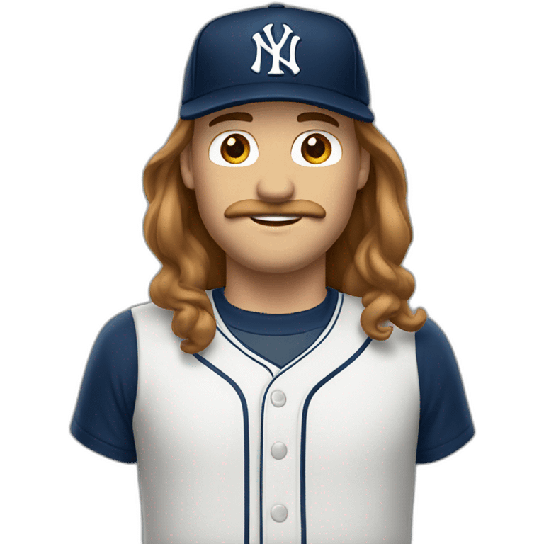 white man with brown long hair and ny baseball cap and mustache emoji