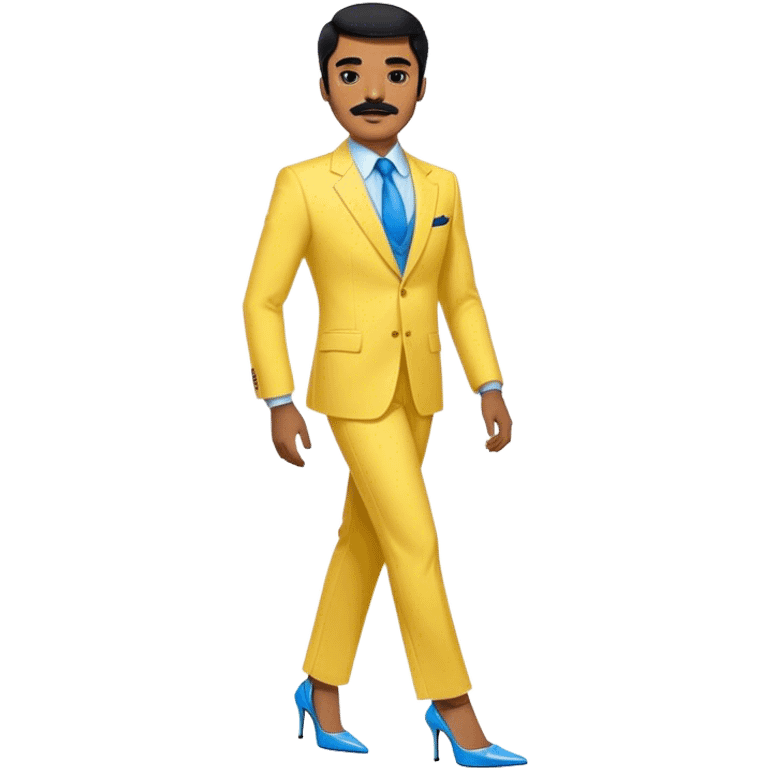 Man in a yellow suit and blue strappy high heels with black hair and black mustache and brown skin emoji