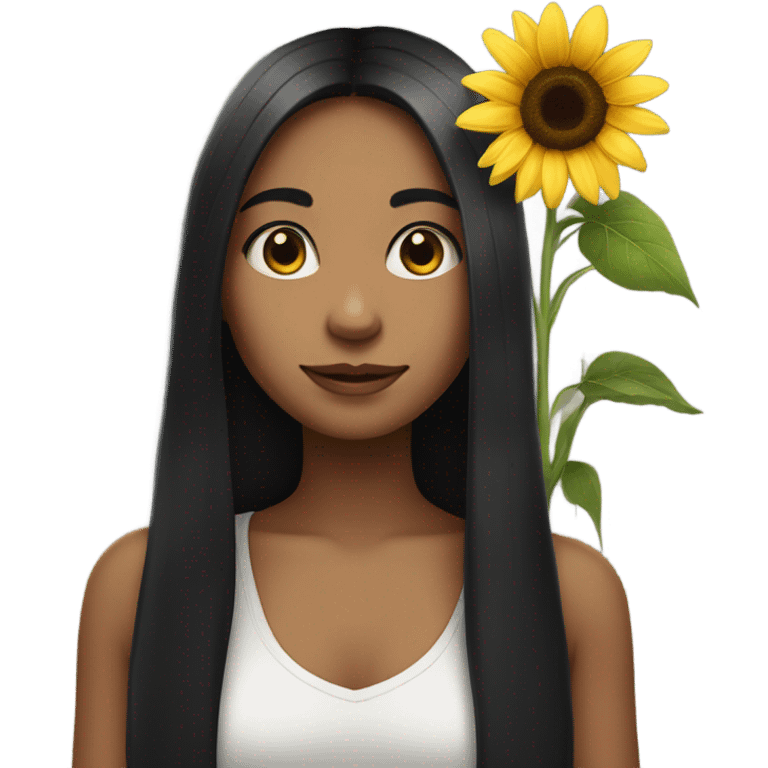 Straight long black hair girl with sunflower emoji