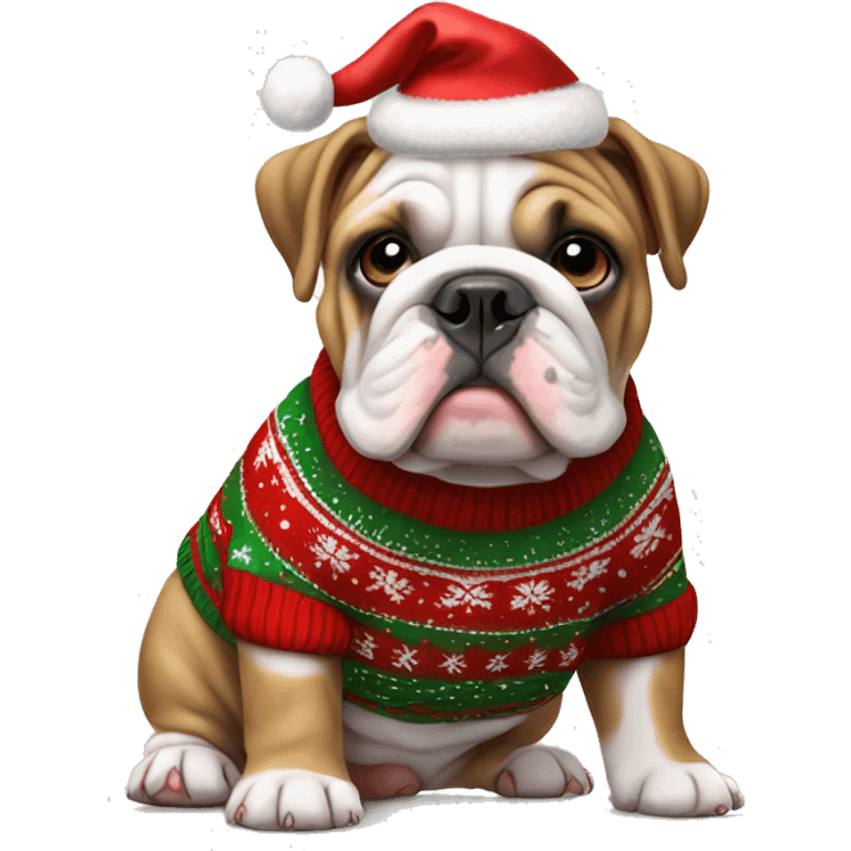 old english bulldog puppy wearing a christmas sweater  emoji