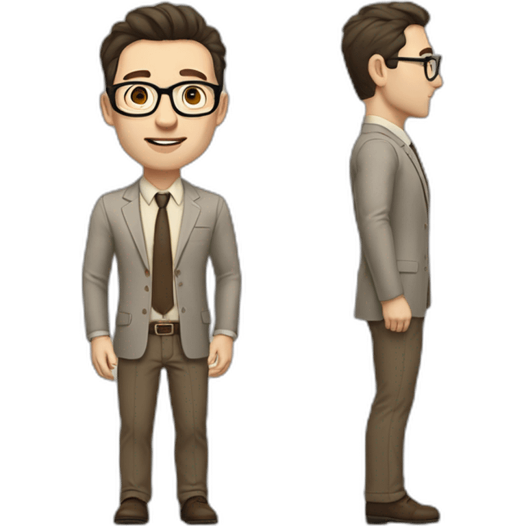 Full height Pale skinned fit man with dark brown hair in gray jacket, beige office shirt, brown tie, brown pants and vintage glasses. His right hand stretched out emoji