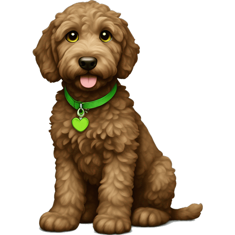 Darker brown goldendoodle puppy with green eyes full body emoji