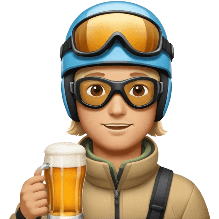 After-ski, a skier, wearing modern skiing goggles on his ski helmet, drinking beer. The person should not wear any glasses. emoji