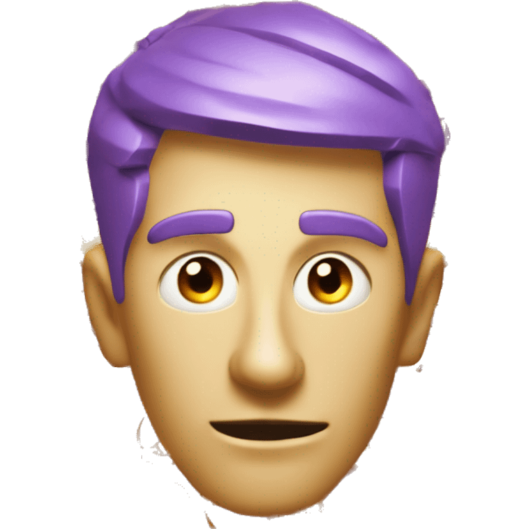 35mm film photography, a minimalist cartoon diamond man head with sleek purple hair, showcasing a sorrowful expression, contrasted against a background of joyfully scattered emojis, high detail, gold glow bright orange color palette, golden hour glow emoji