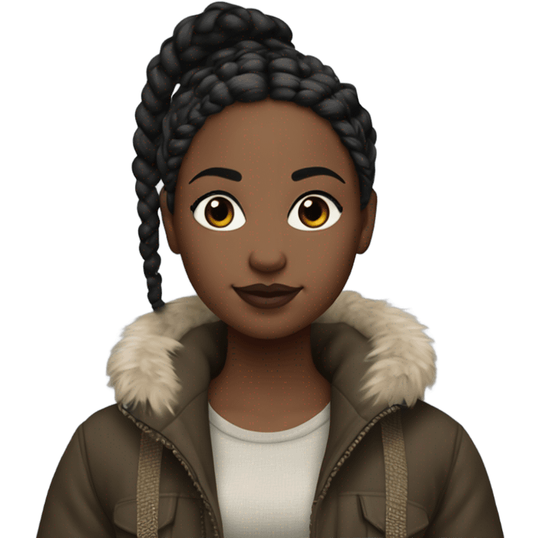 Black girl with boho braids, heavy makeup, FOV and realistic settings, with a crop top and a Canada goose jacket emoji