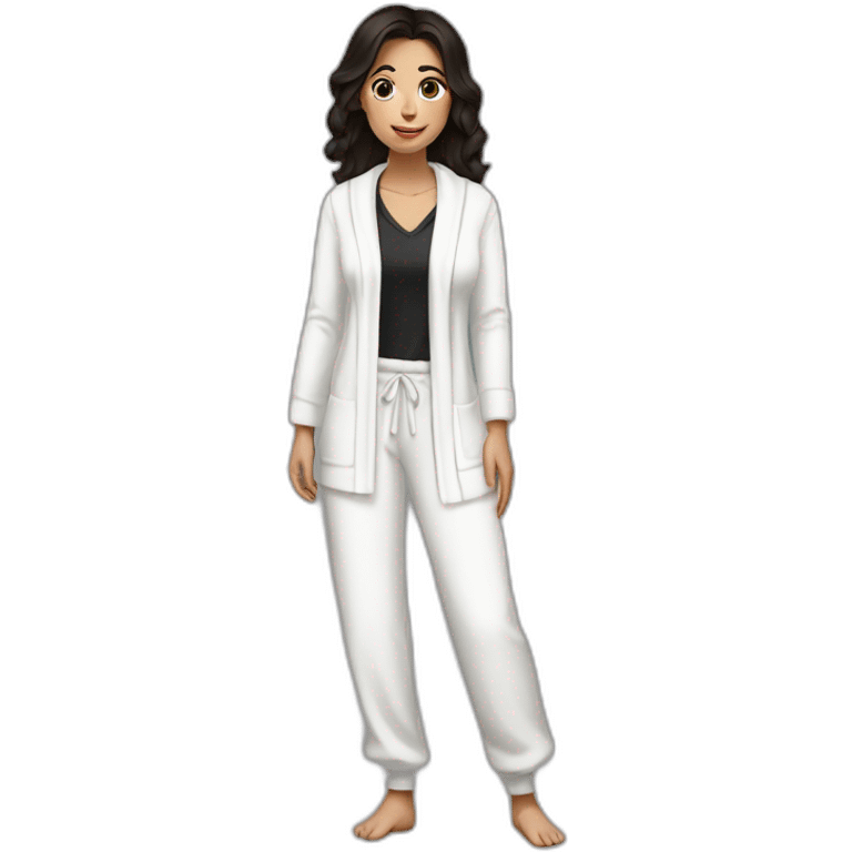 brunette girl with dark hair, in a white robe and high-dressed black sweatpants emoji