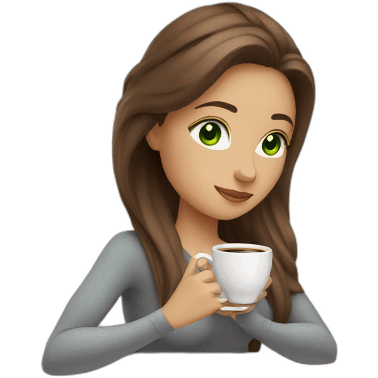 Yoga Woman long brown hair green eyes drinks coffee emoji