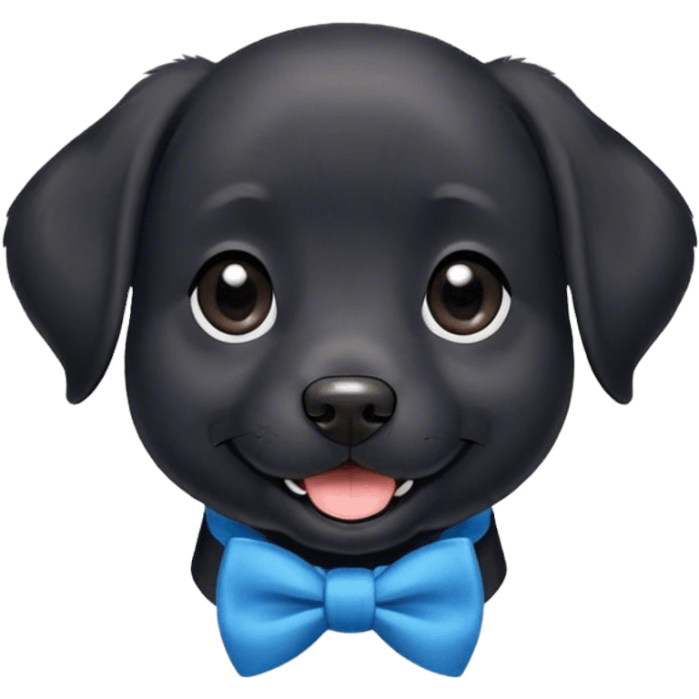 All black dog, lab breed, short and thin soft fur, fluffy ears, smiling face, small bit of white in her chest, blue bow tie  emoji