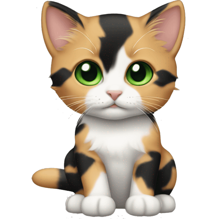 Calico kitten with black stripe down face with green eyes emoji