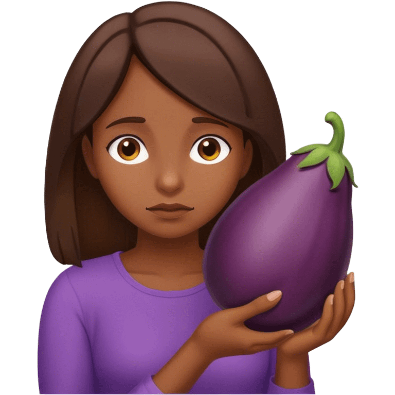 Sad brown hair girl hold eggplant emoji