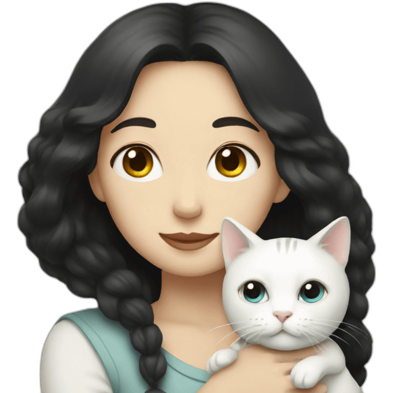 dark haired woman hugging a white cat emoji