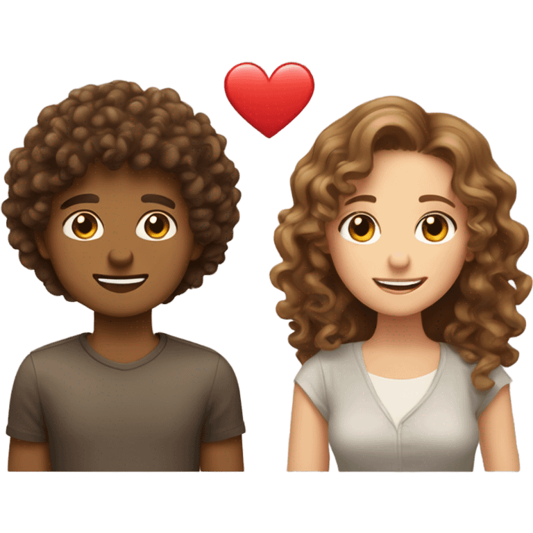 A brown curly hair boy in love with a light brown haired girl in love with him. They’re a couple.  emoji