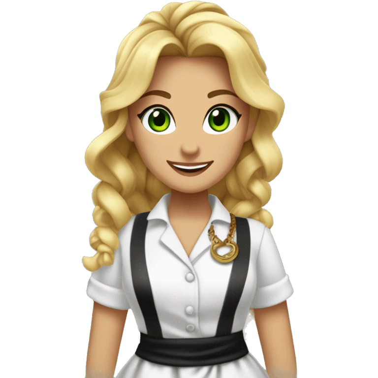 Waitress with white shirt and black apron, there is a cursive G in the upper left corner of the apron, curly blonde hair in a pony tail, green/hazel eyes, lots of boho jewelry and bracelets  emoji