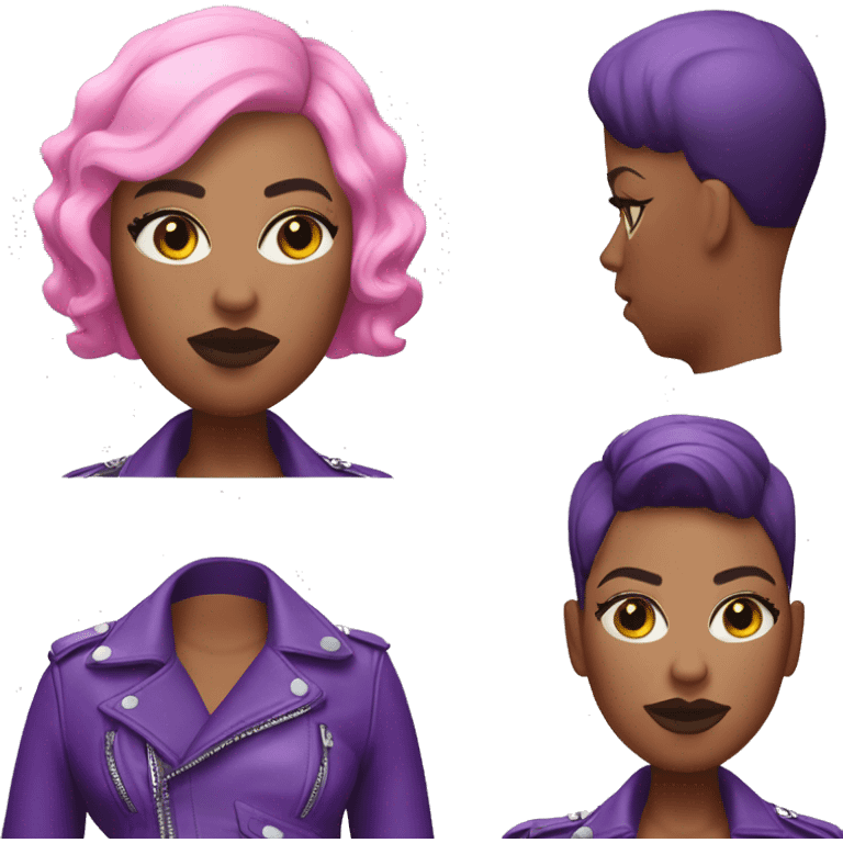 Plus size black woman with short buzz cut pink hair and a purple leather biker jacket with makeup on face. emoji