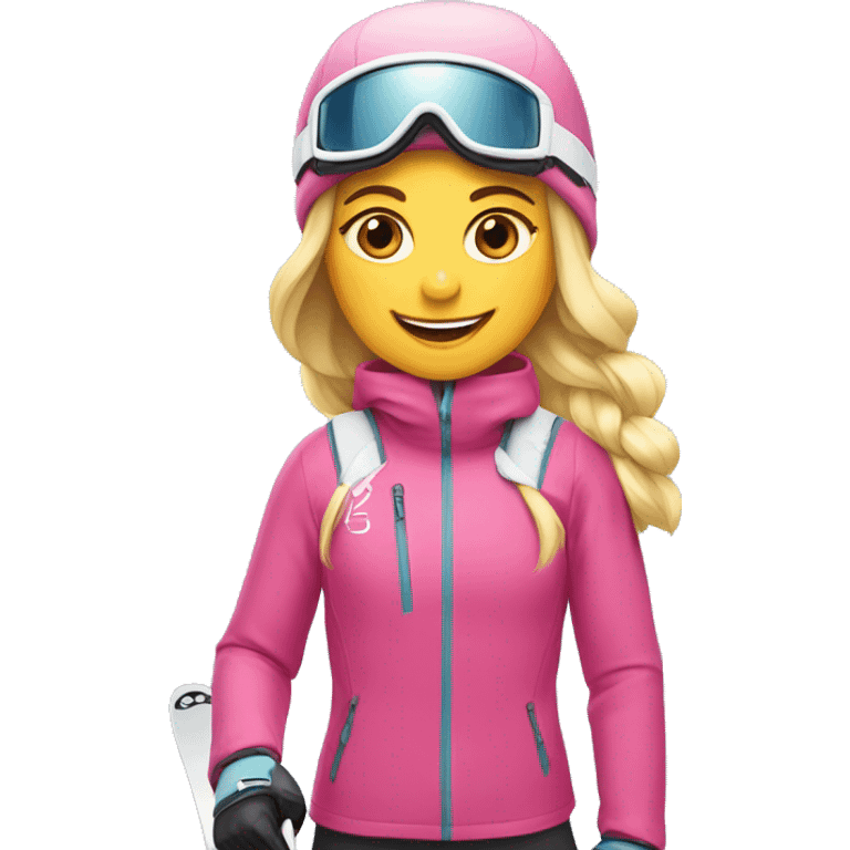 Skier girl with blonde hair and pink gear show skis and legs  emoji