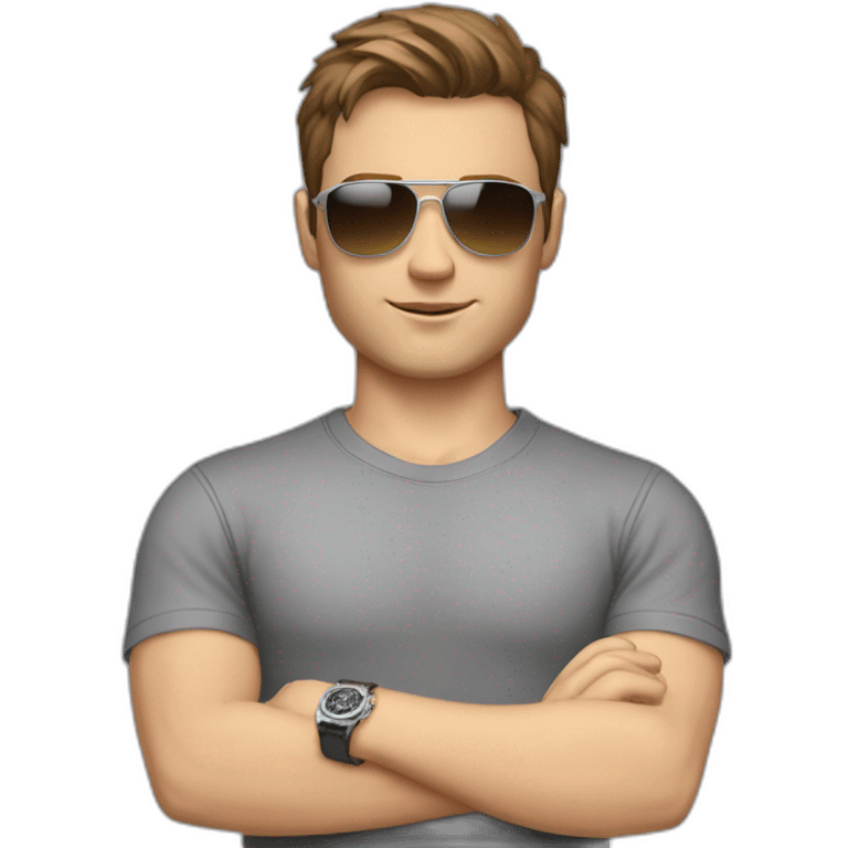 young white male with brown hair and brown eyes, wearing grey T-shirt, having pilot sunglasses, while having crossed arms and having silver rolex on whrist emoji