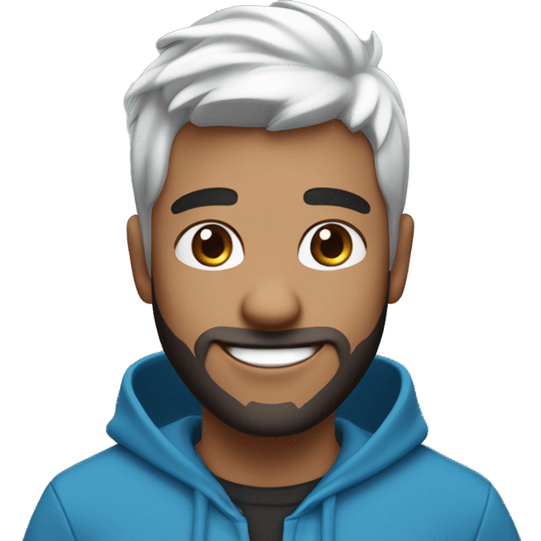 A cheerful young male digital avatar with white skin, large brown eyes, black medium pompadour hairstyle, beard medium , a bright smile, and a mole on the left cheek, wearing a blue hoodie. with laptop  emoji